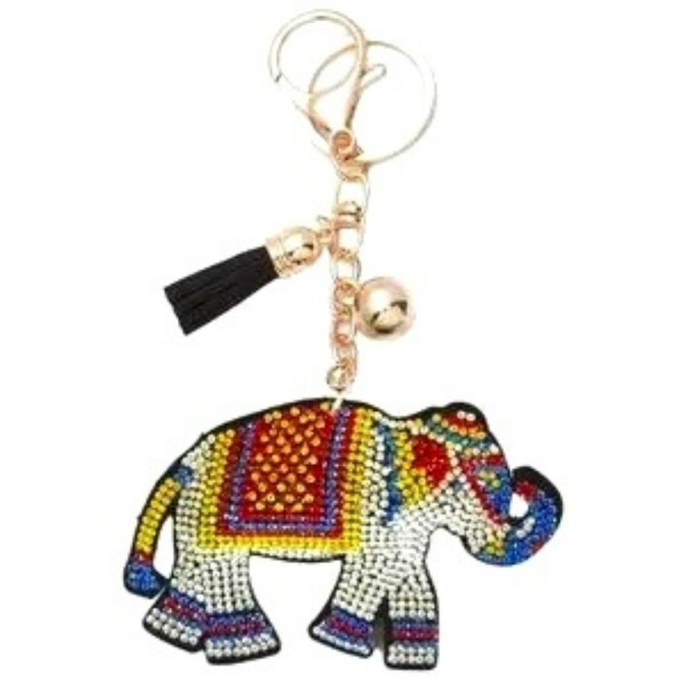 NWT Bling Rhinestone Elephant Puffy Tassel Keychain Purse Charm